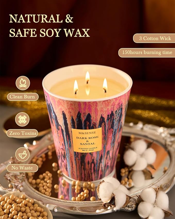 M&SENSE 3-Wick Dark Rose Scented Soy Large Candle, 35oz 150 Hours Non-Toxic, Luxury Romantic Floral Aroma Spring Candles, Valentines Mothers Day Gift for Her, Fancy Decorative Home Candle