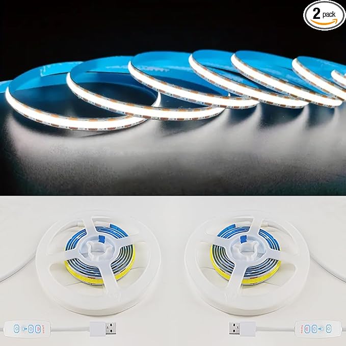 ZSLAIFU 2 Pack White USB Light Strip 5V COB Flexible Strip Light LED Backlight for Bedroom Cabinet Vanity Mirror DIY Lighting (3.28FTx2)