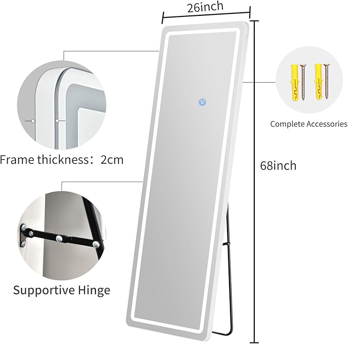 Full Length Mirror with LED Lights, LED Mirrors Full Length Floor Mirror Full Body Mirror for Bedroom Wall Mounted Free Standing (Rectangle, 68" L×26" W)