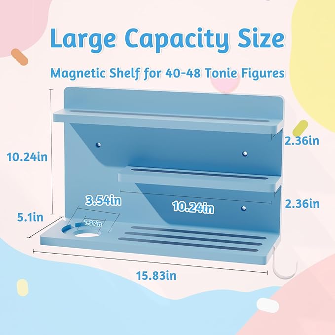 for Tonies Shelf Magnetic - Tonies Figure Organizer for Kids Room, Wooden Magnetic Display Shelf for Tonies Box Holder, Wall Floating Shelves Toy Storage Compatible Charging Station (3 Tier, Blue)