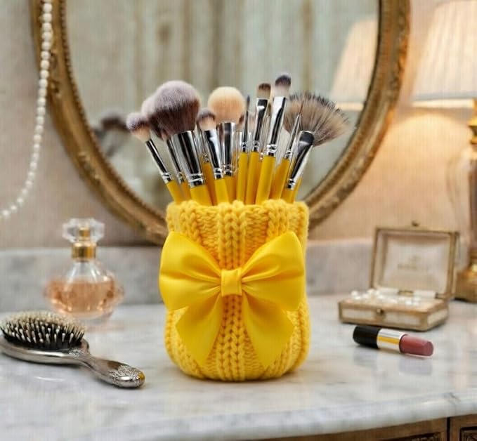 Knitted Bowknot Makeup Brush Holder, Cute Bow Vase, Pen Organizer for Kitchen, Bathroom or Office (Yellow)