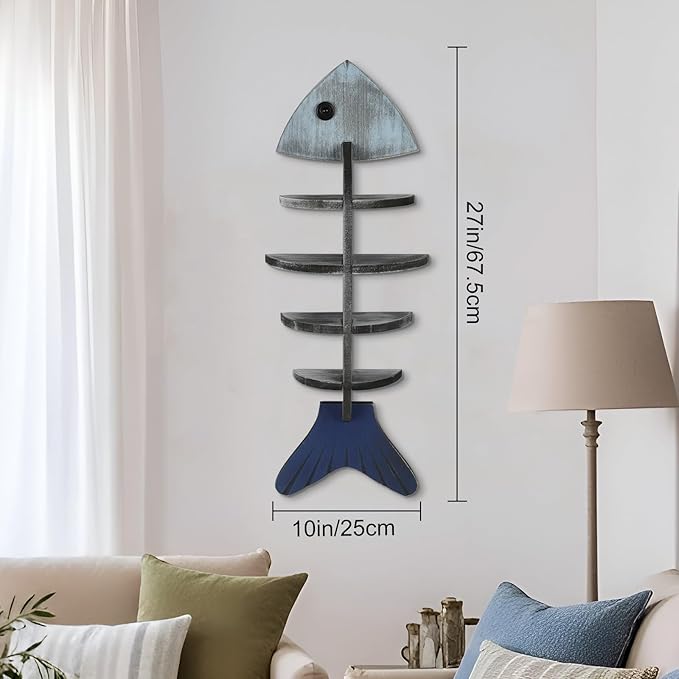 Wooden Fish-Shaped Wall-Mounted Floating Shelf Wall Decor, in a Mediterranean Vintage Style, Suitable for Living Rooms, Bedrooms, Kitchens, and Other Spaces.