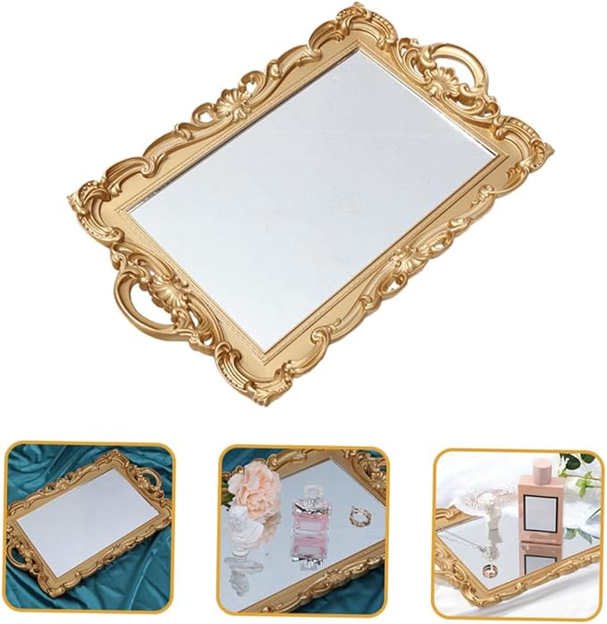 Gadpiparty Vintage Mirror Vanity Tray for Dresser Tops, Perfume Organizer and Makeup Tray with Decorative Mirror Plate, for Bedroom and Home Décor Accents