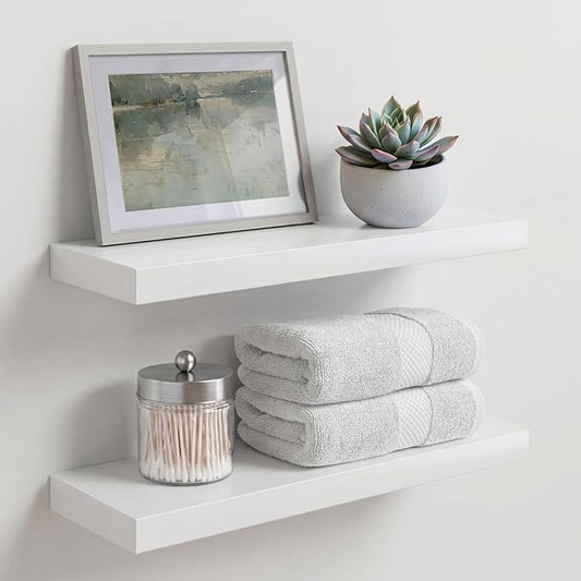 Homeforia White Floating Shelf 18 inch, High End Solid Real Wood 18inch Bathroom Floating Shelves for Wall Mounted, White Wooden 18in Floating Shelves, Heavy Duty Bracket, 18 X 6.5 X 1.75 in, Set of 2