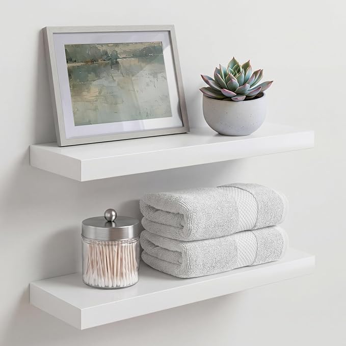 Homeforia White Floating Shelf 18 inch, High End Solid Real Wood 18inch Bathroom Floating Shelves for Wall Mounted, White Wooden 18in Floating Shelves, Heavy Duty Bracket, 18 X 6.5 X 1.75 in, Set of 4