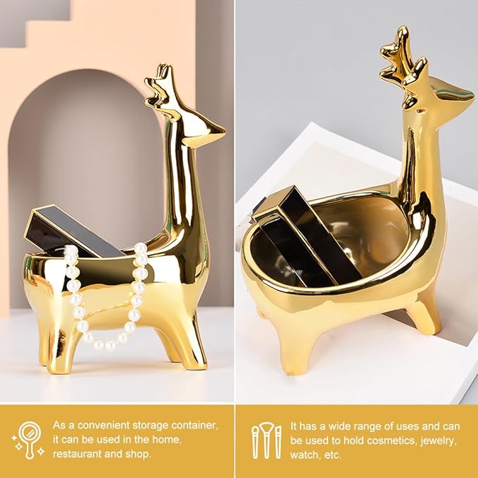 Deer Shaped Ceramic Jewelry Storage Box with Lid, Small Multipurpose Cosmetics and Sundries Organizer for Desktop Home Décor, Gold Decorative Container for Makeup and Accessories