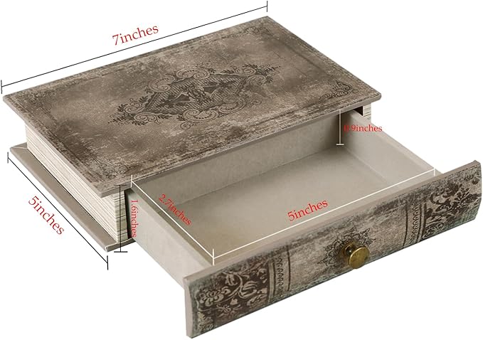 Vintage Book-Shaped Storage Box with Drawer, Distressed Vintage Brown Faux Leather Finish and Gothic Medallion Motif, Decorative Hidden Organizer for Home or Office 7″ x 5″ x 1.6″