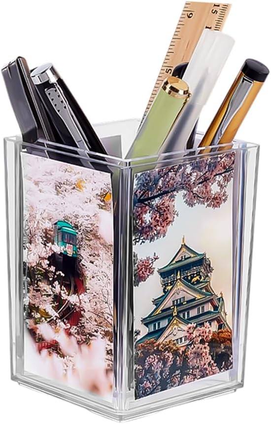 FINGERINSPIRE 2 Pack Photo Pen Holder Small Picture Mini Cute Display Holder 2x3 Instant Photos Clear Acrylic Frame 4-Sided Photo Cube for Photos Display Office Desk Organizer