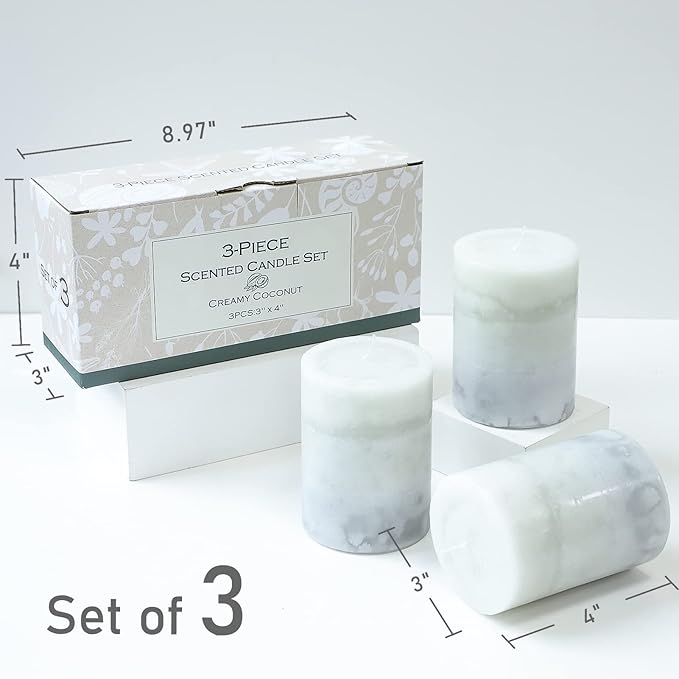 Set of 3 Scented Pillar Candles Creamy Coconut Scented 3" x 4" Long-Lasting Burn Candle White Gray Palette Pillar Candle Clean Burning No Drip Candles Gift for Home Party Dinner Table Decor