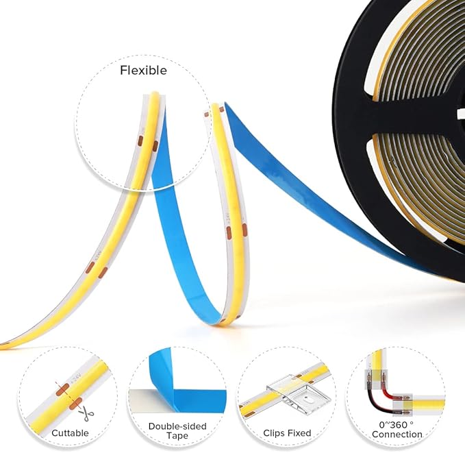 BTF-LIGHTING FCOB COB LED Strip Flexible High Density Uniform Light 9W/m 16.4FT DC12V Warm White 2700K CRI 90+ 8mm Width Dimmable LED Ribbon for Indoor Decoration(No Adapter or Controller)