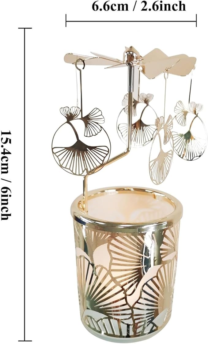 Metal Rotary Candle Holder Spinning Windmill Tea Light Carousel Decor for Home & Gifts (Golden Ginkgo Leaves)