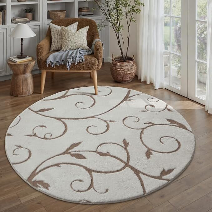 PureCozy Washable Neutral Round 4ft Area Rug Beige Soft Shag Rugs for Kids Room Modern Boho High Pile Non-Shedding Throw Rugs Non Slip Indoor Office Carpet for Playroom Bedroom Living Room