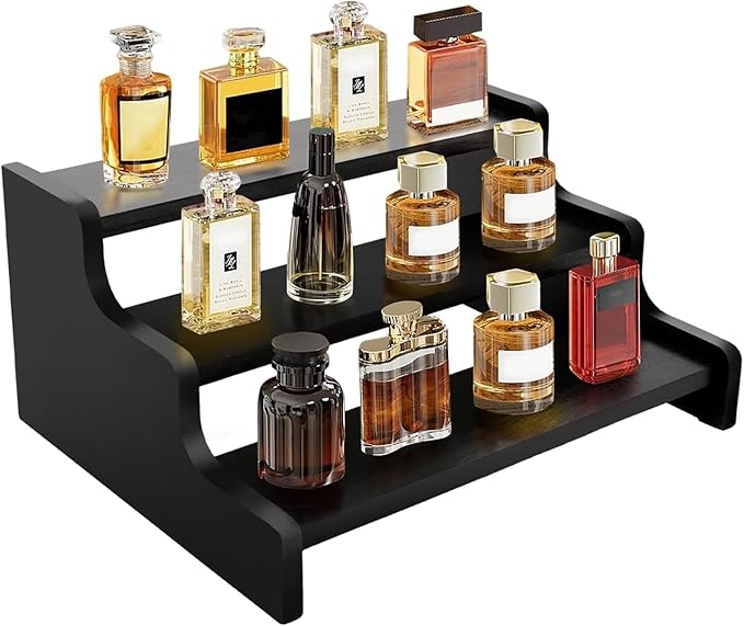 Wooden Cologne Organizer for Men, Perfume Organizer Stand, Cologne Stand with Anti-Slip Washers, Wooden Display Risers Stand for Figures, Fragrances, Dessert, Cupcake, Makeup (Black, 3-tier-11.8in)