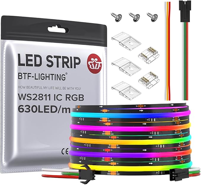 BTF-LIGHTING FCOB WS2811 IC RGB COB LED Strip 16.4FT DC24V 630LED/m Flexible High Density Uniform Chasing Color Light 14IC/m 10mm Width Black PCB for Home Indoor Decor(No Adapter or Controller)