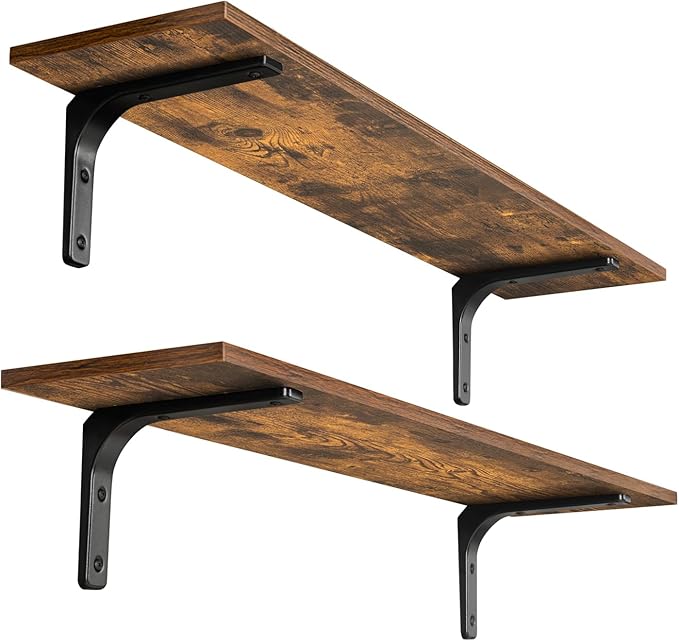 DINZI LVJ Long Wall Shelves, 31.5 Inch Wall Mounted Shelves Set of 2, Easy-to-Install, Wall Storage Ledges with Sturdy Metal Brackets for Living Room, Bathroom, Bedroom, Kitchen, Rustic Brown | Easy-to-Install, Wall Storage Ledges, Living Room, Bathroo...