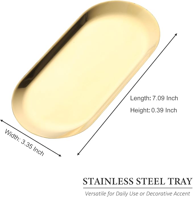 SUTOKAKA 2 Pack Stainless Steel Gold Decorative Tray, Small Oval Perfume Jewelry Trinket Dish, Candle Key Manicure Tools Metal Placing Plate, Bathroom Vanity Trays for Dresser Counter