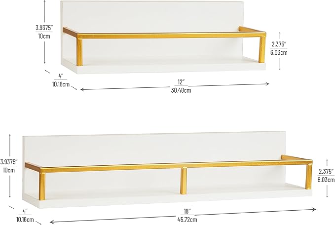 Mind Reader Floating Shelves, Wall-Mounted Office Organizers, Modern MDF Display Storage with Metal Rail, Set of 2, White