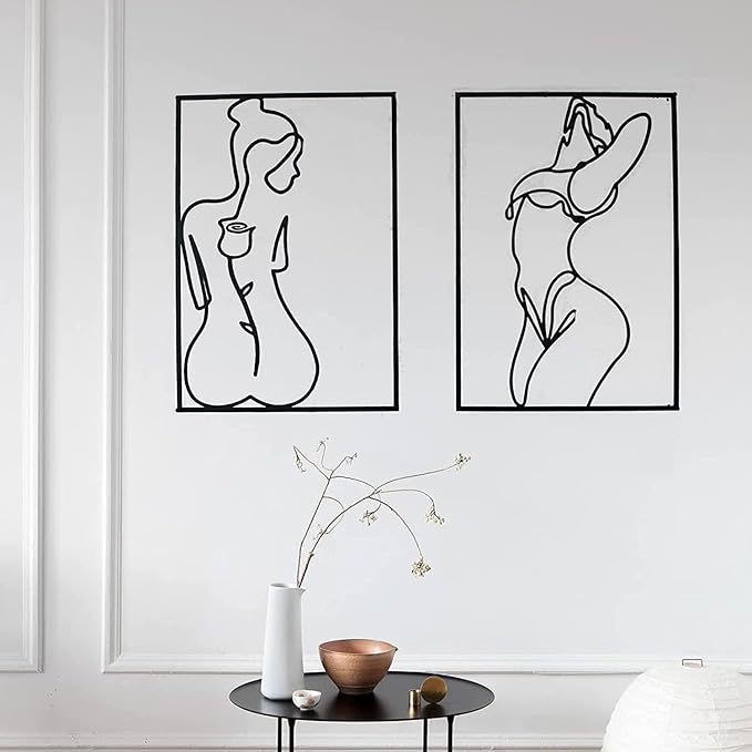 Glamativity Large 4 Pack Black Wall Art, Minimalist Single Line Art, Real Metal Wall Art, Woman's Body Shape Abstract Art (Black Classic Style, L Size 22.5 x 15.7'')