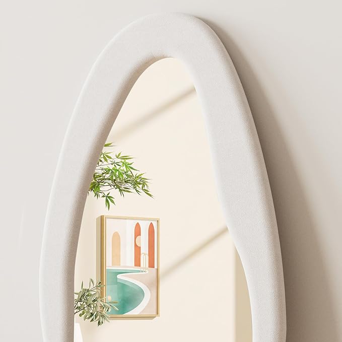 Dewfig Full Length Mirror, 63" x 24"Irregular Mirror, Large Floor Length Mirrors Wall Mounted, Standing Mirrors with Flannel Wrapped Wooden Frame for Bedroom/Living Room, White