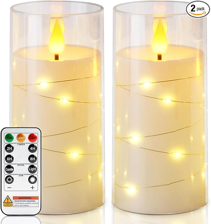 Homemory Flameless Candles with Embedded Star String Fairy Lights, Battery Operated Candles, LED Candle, Fake Candles with Remote Control and Timer, White, Set of 2(H 6" 6")