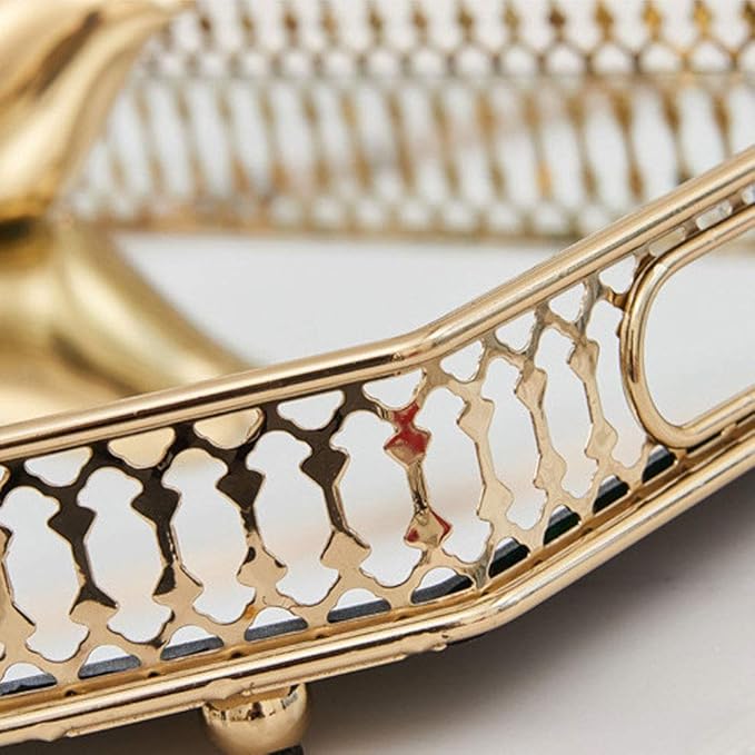 Vintage Gold Mirror Tray,Round Shape(12.6in) Ornate Geometric Brass Plated and Glass Display Storage Organizer,Jewelry Perfume Makeup Organizer Tray, for Dresser, Bathroom, Bedroom