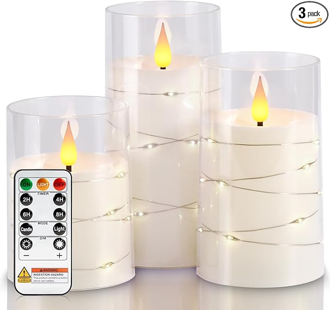 Homemory Flameless Candles with Embedded Star String Fairy Lights, Battery Operated Candles, LED Candle, Fake Candles with Remote Control and Timer, White, Set of 3(H 4" 5" 6”)