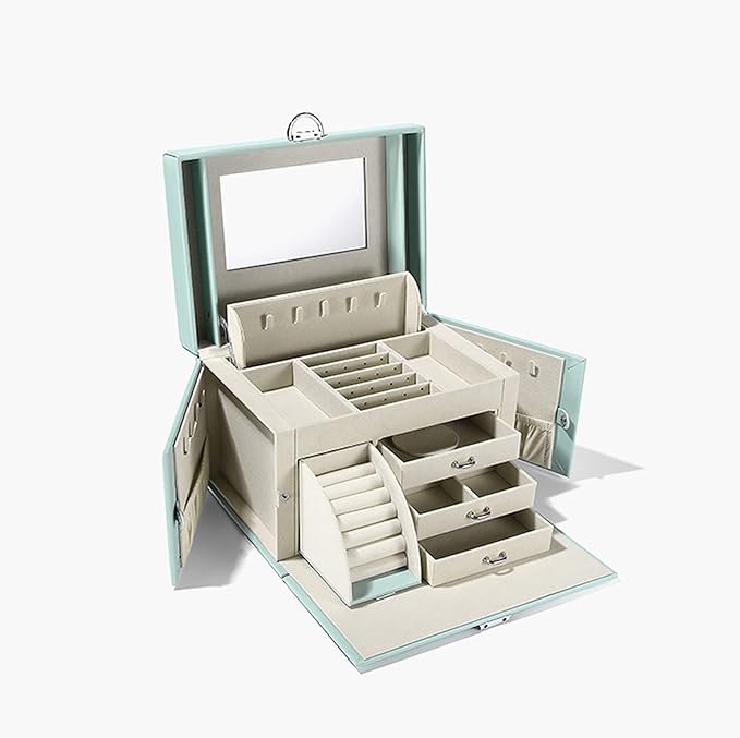 VSULZVNU Makeup Organizers Jewelry Box for Women Girls with Mirror Necklace Ring Earrings Organizer Portable Travel Jewelry case for Earrings Bracelets Rings Jewelry Case (Color : Green)