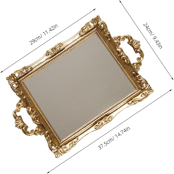 BESPORTBLE Retro Carved Golden Mirror Tray Resin Storage Decorative Plate Nordic Style Wedding Makeup Vanity Organizer for Cosmetics and Room Décor