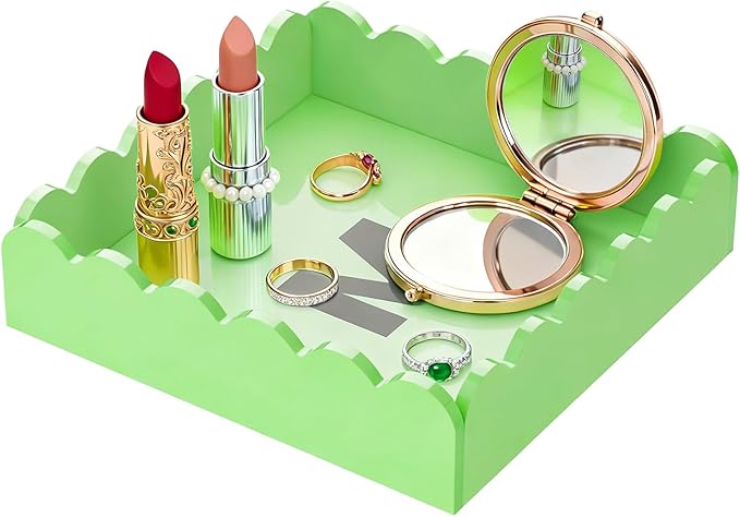 Scalloped Acrylic Tray, 8x8 Inch Glossy Green Acrylic Decorative Tray for Home Decor, Acrylic Organized Tray for Bathroom Vanity Countertop Square Display Tray for Perfume (Square Green)