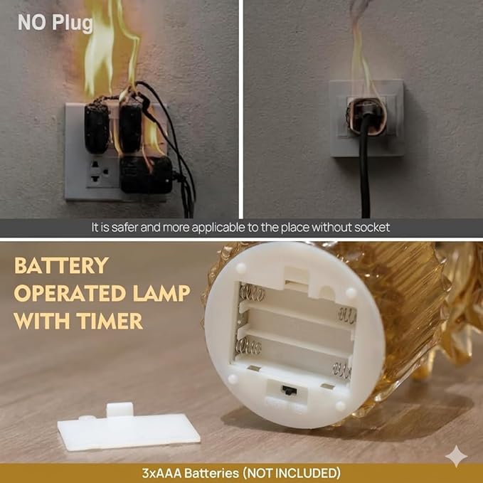 Small Battery Operated Lamp with Timer, Tiny Cordless Glass Table Lamp for Home Decor, Kitchen, Bathroom, Birthday Gift for Women, Jelly Amber