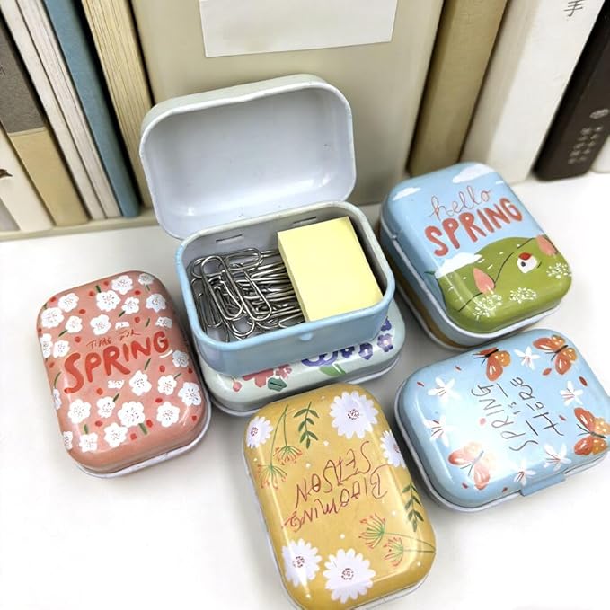 8Pcs Metal Hinged Tin Box Container Floral Farmhouse Rustic Mini Portable Small Storage Container Kit with Lid for Home Storage 2.1x1.5x1 Inch (Pink)