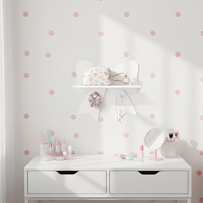 Bow Shaped Floating Shelf with Hooks - Cute White Wooden Wall Decor for Girls Nursery & Bedroom, Trinket Display Organizer