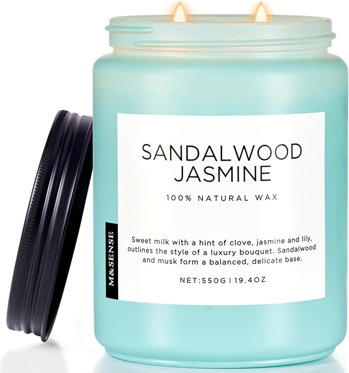 M&SENSE Sandalwood Jasmine Scented Candles for Home, 19.4oz All Natural Soy Wax, 110 Hours Long Lasting, Soy Candles Non Toxic, Spring Floral Smelling for Her, Aromatherapy Housewarming Gift for Spa