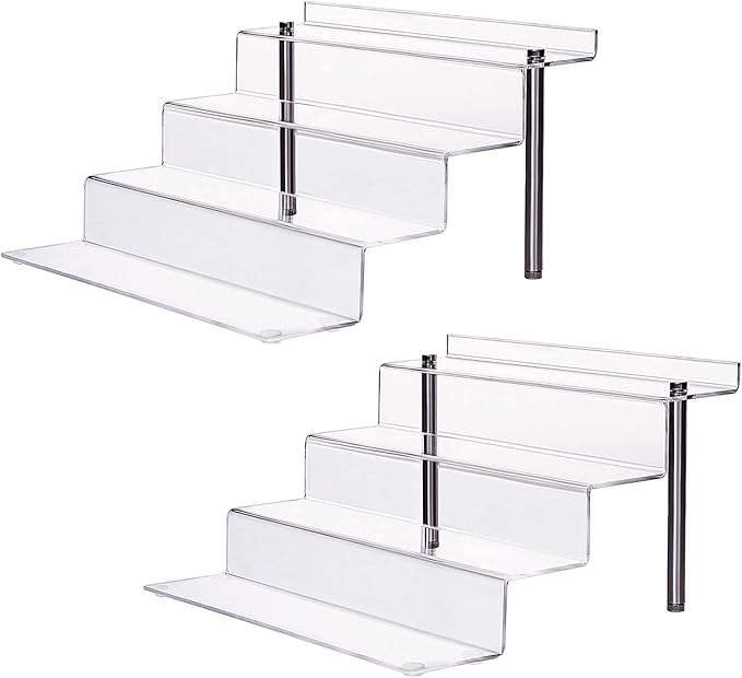 CECOLIC Acrylic Riser Shelf 4 Tier Clear Display Stand for Collectibles Pop Figures, Cupcakes, Perfumes, Display Risers for Decorating & Organizing - 11.8 x 10.8 x 6.5 in (Large, 2 Pack)