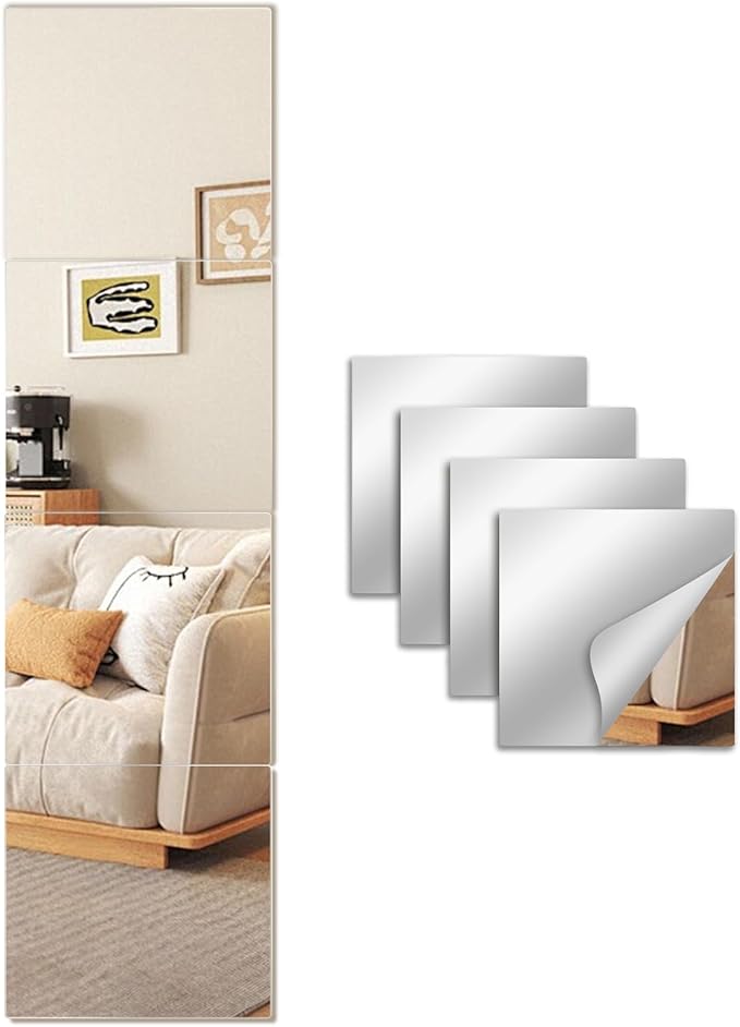 Glass Full Length Wall Mirror Tiles,14x12 inch-4PCS Frameless Body Tiles for Bedroom,Home Gym,Door