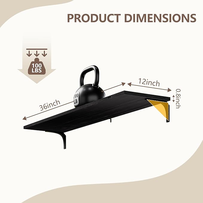 12 Inch Deep Floating Shelves Set of 2, 36 Inch Extra Wide Black Solid Wood Wall Shelves with 100 lbs Capacity, Heavy Duty Farmhouse Wall Mounted Shelving for Kitchen, Living Room & Bathroom