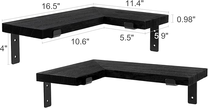 Mkono Corner Wall Shelves Rustic Wooden Floating Corner Shelves Display L Shapped Storage Organizer Displays for Home Living Room Barthroom Bedroom Office, Set of 2, Black