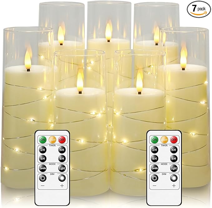 Eebuss Flameless Candles with Embedded Star String, Battery Operated LED Pillar Candles with Timer and Remote Control,Home Decorating for Ambiance， Set of 7(Ivory)