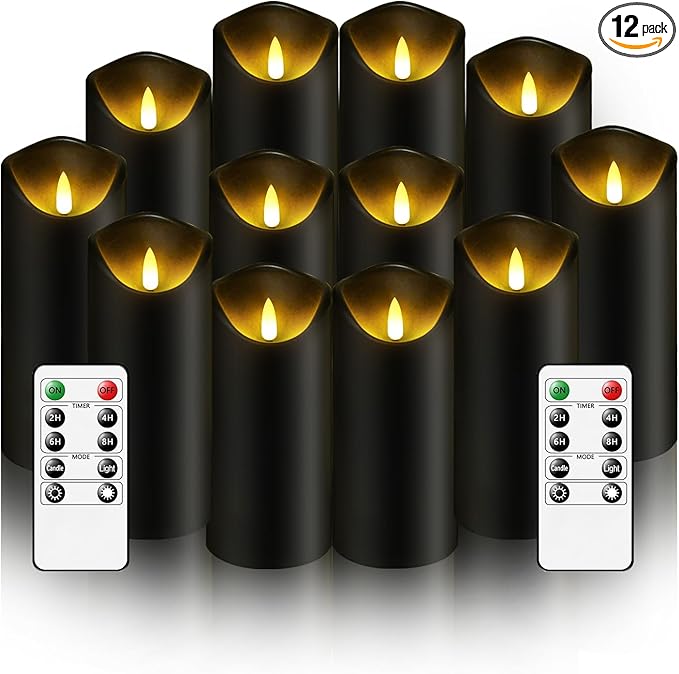 Nimiko Flameless Candles with Remote, Battery Operated Flickering Flameless Candles, LED Candles with Timer 2/4/6/8H, with Realistic LED Candles Set of 12 (D2.2 x H 5" 6" 7") (Black)