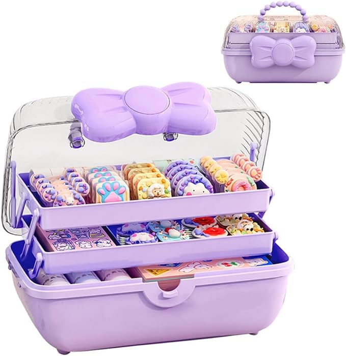 3-Layer Kids Hair Accessories Organizer with Bowknot Lock Cute Jewelry Box Headband Hair Tie Clip Organizer Box for Little Girls - Purple