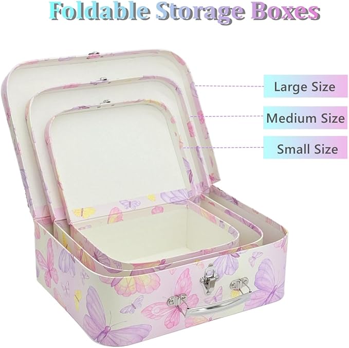 Paperboard Suitcases Set of 3 Decorative Storage Boxes with Lids, Mini Suitcases, Cute Boxes (Butterfly)