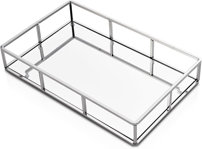 PuTwo Mirror Tray, Silver Perfume Tray, Decorative Tray, Metal Vanity Tray, Jewelry Tray, Decorative Trays, Glass Tray, Perfume Organizer, Vanity Trays for Bathroom, Counter, Bathroom