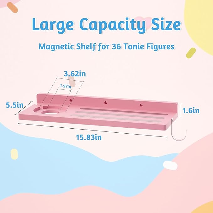 for Tonies Shelf Magnetic - Tonies Figure Organizer for Kids Room, Wooden Magnetic Display Shelf for Tonies Box Holder, Wall Floating Shelves Toy Storage Compatible Charging Station(1 Tier, Pink)