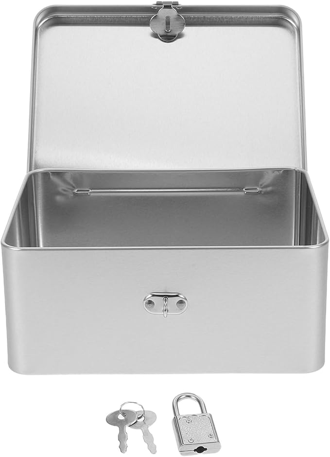PartyKindom Vintage Tinplate Storage Box with Lock and Key, Retro Decorative Metal Keepsake Chest for Jewelry and Makeup, Medium Silver Organizer for Home and Office
