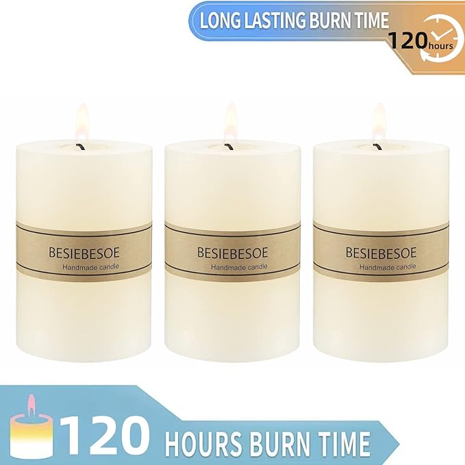 3×4 Ivory Pillar Candles Set of 3 Unscented Handpoured Weddings, Home Decoration, Restaurants, Spa, Church Smokeless Cotton 120 Hour