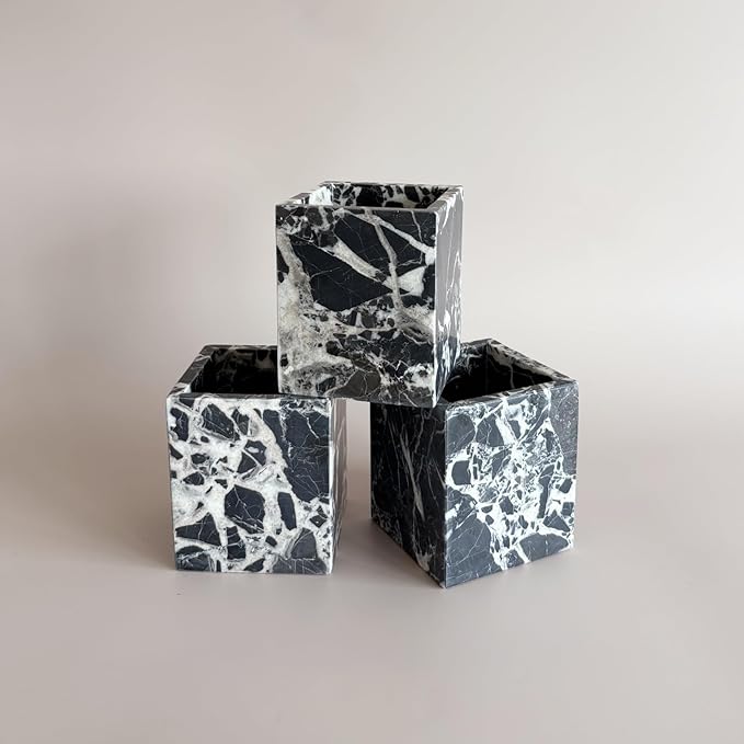 Natural Marble Stone Square Storage Container Empty Vessel Holder Cup for Candle/Pens/Sundries items (Calacatta Black)