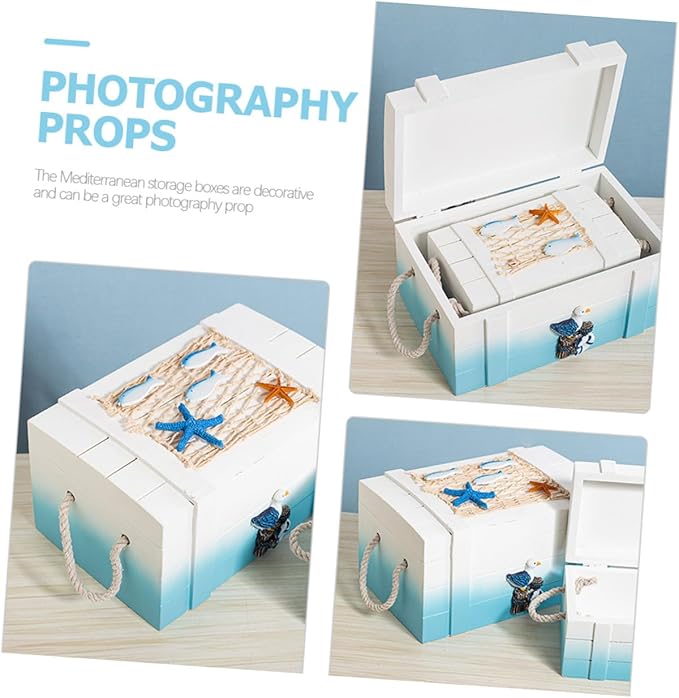 Alipis 2pcs Nautical Beach Jewelry Storage Boxes Wooden Keepsake Trunks Mediterranean Style Makeup Organizer Decorative Desktop Props for Home and Photography