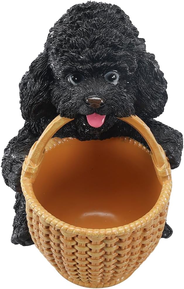 Dog Resin Storage Basket, Desktop Organizer for Remote & Keys, Cute Home Decor Tray, Ideal present for Pet Lovers.(Black Poodle Biting Basket)