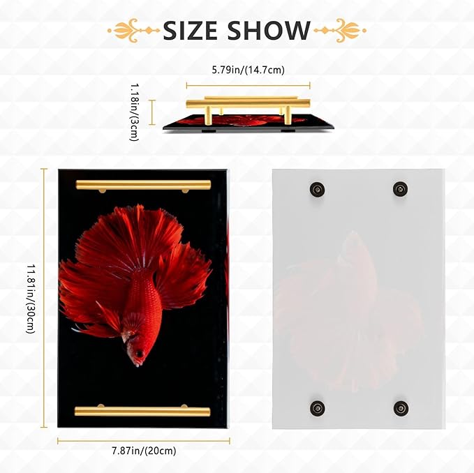 Red Betta Fish Decorative Acrylic Bar Tray with Handles Tray with Gold Handles for Jewelry Perfume for Restaurant Serving bandejas para desayuno personalizado