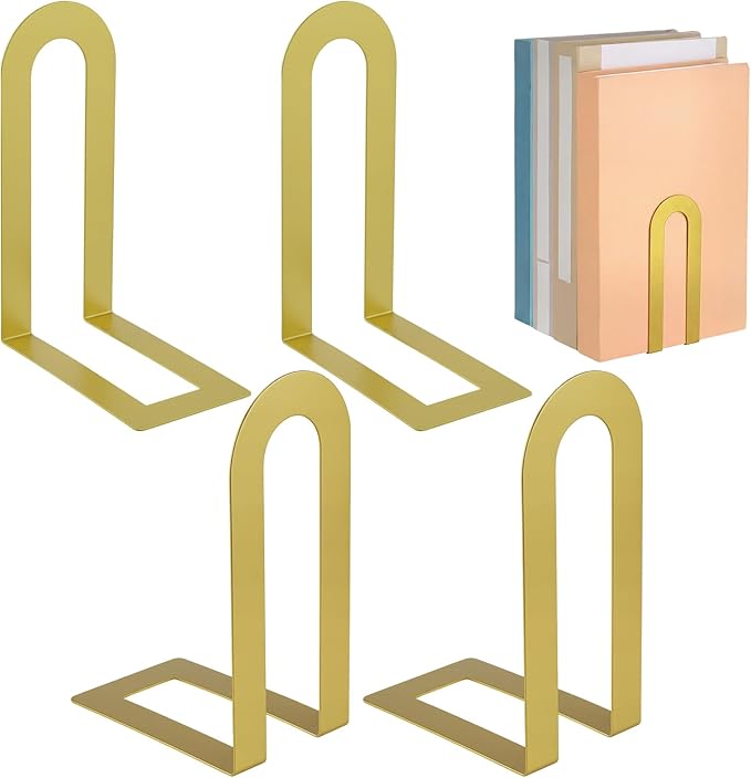 Chunful 4 Pcs Modern Metal Book Ends for Shelves Decorative Small Bookends Book Shelf Organizer Minimalist Design Stopper to Hold Books for Home Office (Gold,5.5 * 3.75 * 2.25inch)